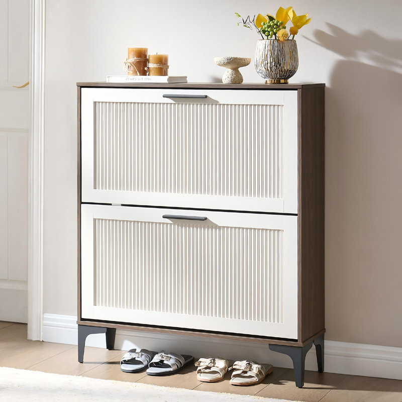 Armoire de rangement cannelée à 2 tiroirs cannelés, noyer et blanc, 1 pièce, Walnut/White