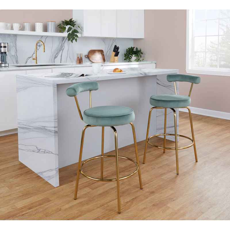 Kayson 25.5" Gold Swivel Upholstered Counter Stools, Sage Green Velvet