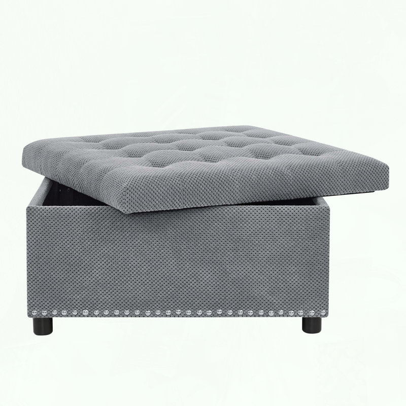 Square Storage Ottoman with Tufted Design and Nailhead Trim, Light Gray
