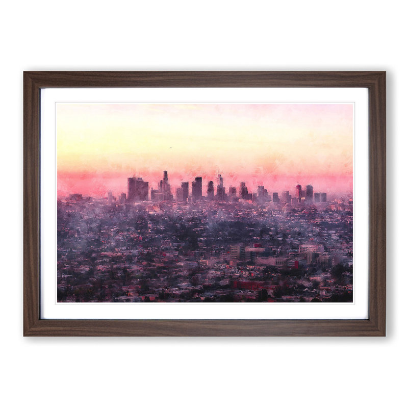 'Los Angeles Skyline in the Morning' - Picture Frame Graphic Art Print, 45cm H x 63cm W x 2cm D, Walnut Framed