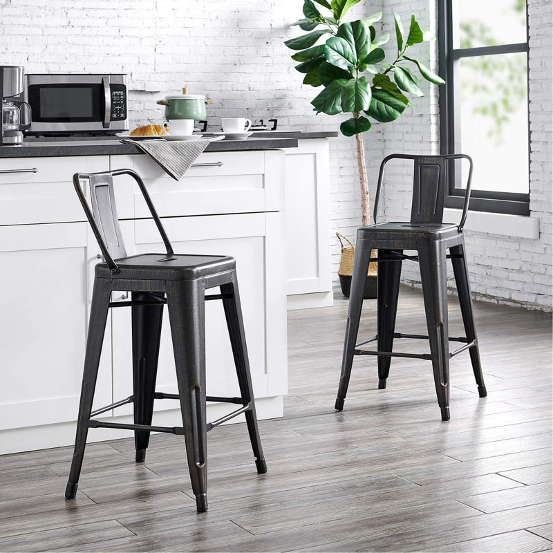 Tabouret de bar 24 po en métal de style rustique rustique avec dossier, tabouret de bar de cuisine, construction légère et robuste, ensemble de 4
