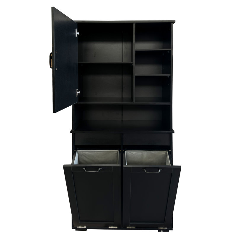 Armoire de buanderie avec portes et tablette, panier à linge inclinable, plusieurs espaces de rangement, style autoportant, tablette ouverte, tablette réglable