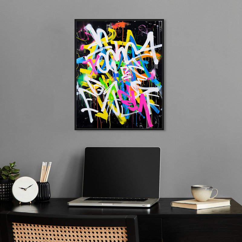 Art urbain inspiré du graffiti urbain par Notoriart, H 21 po x l 17 po, Cadre noir