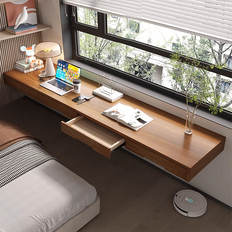 Walnut Rectangular Solid Wood Writing desk,Floating desk with drawers desk, 5.91"H*94.49"W*19.69"D