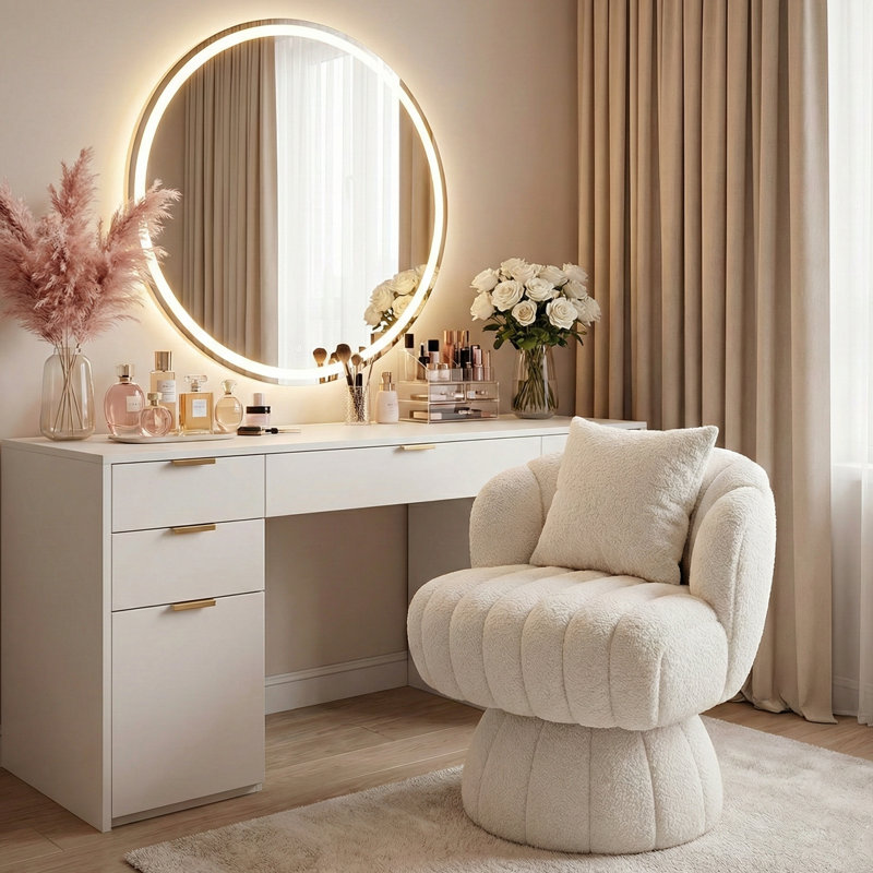 Chaise de meuble-lavabo pivotante rembourrée avec coussin, Beige