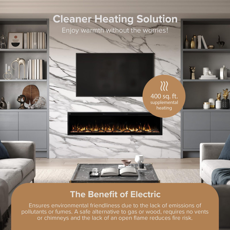 Ultra Thin Aerus Slim Recessed or Wall Mounted Electric Fireplace, Alexa or Google Home Compatible, WiFi, Logs & Crystals, Remote Control