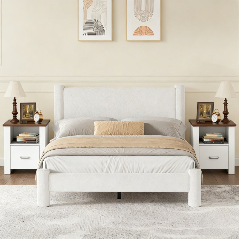 Ensemble de lit plateforme tapissier 2 pièces Boucle, Grand lit, Blanc