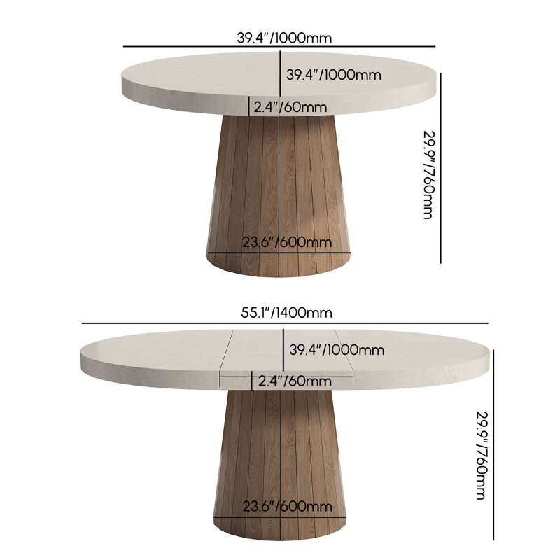 Gray and Natural Wood Round Extendable Dining Table for 4-6