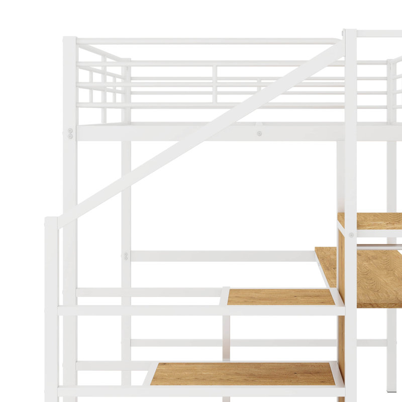 Lit mezzanine double en métal avec bureau en L, port USB, DEL, armoire, Blanc