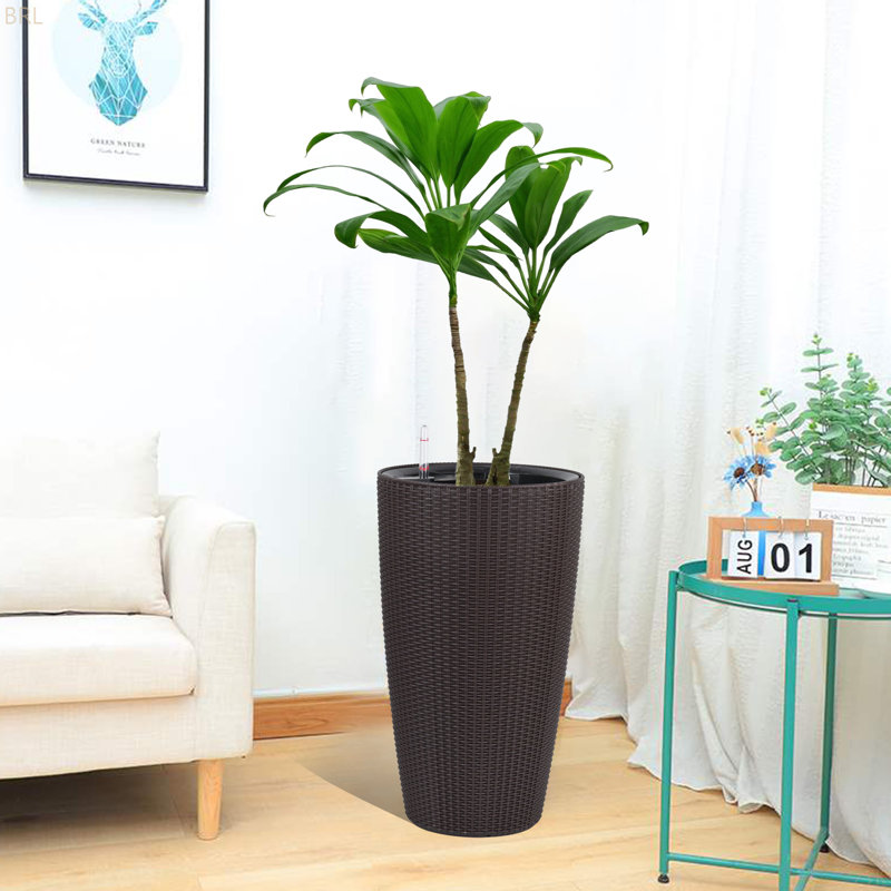 Set Of 2 Faux Rattan Tall Planters Outdoor Indoor Large Planters With Water Level Monitor Inner Bucket, Automatic Watering, Flower Plant Pots For Garden, Patio, Porch, Backyard