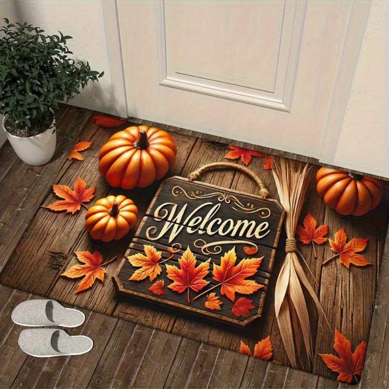 1Pc Thanksgiving Door Mat - Non-Slip Absorbent Machine Washable Polyester & Rubber Blend, Festive Pumpkin & "Welcome" Autumn Decor Mat For Entryway, Kitchen, Living Room, Bedroom, Laundry Room（16*24 Inches)