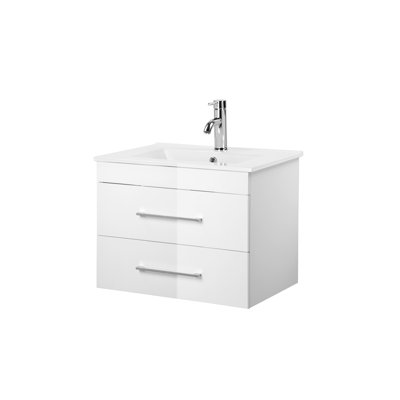 Gloss Wall-Mounted Bathroom Vanity with Double Drawers, Ceramic Sink, and Mirror Frame