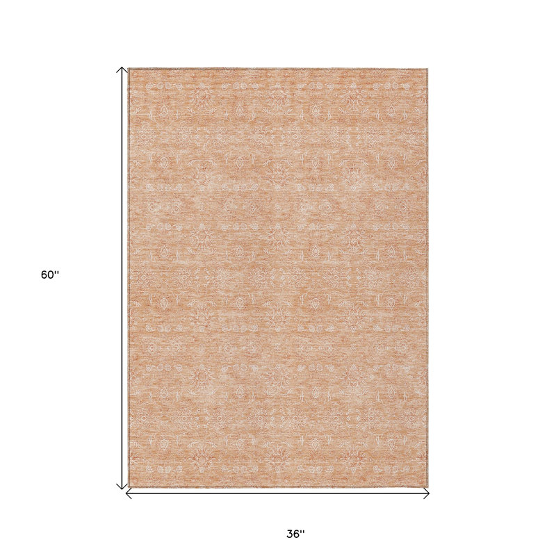 3' X 5' Peach And Ivory Floral Washable Indoor Outdoor Area Rug