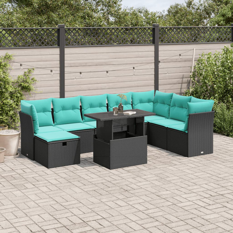 Ensemble de canapé de jardin 9 pièces avec coussins pour l'extérieur, Bleu, Noir