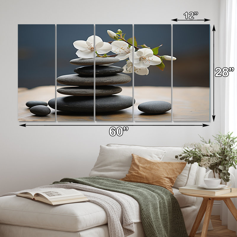 Zen River Stone Magnolias I - salon d'art mural lys - 5 panneaux égaux