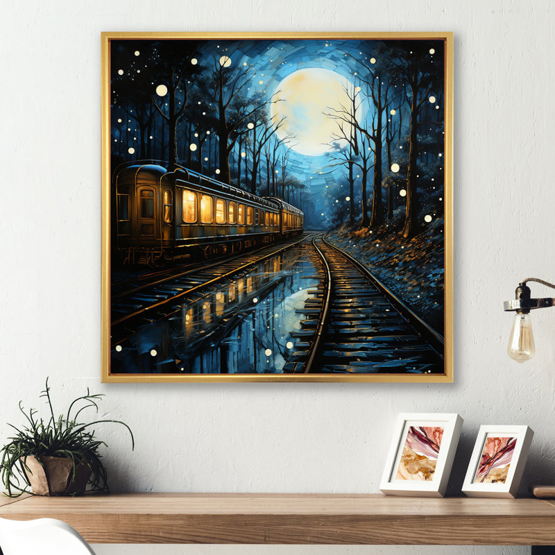 Train Luminous Trails Pointillism - reproduction sur toile, H 24 po x l 24 po x P 1 po, Cadre flottant doré