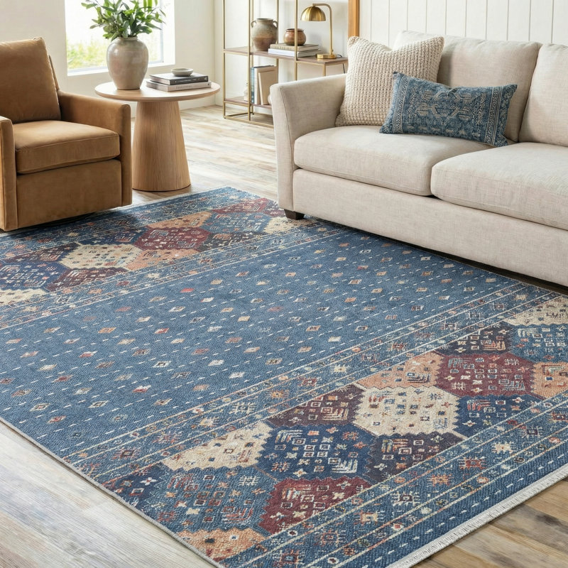 Tapis à motif géométrique marocain Thambiah, Bleu, Rectangle 5'3" x 7'7"
