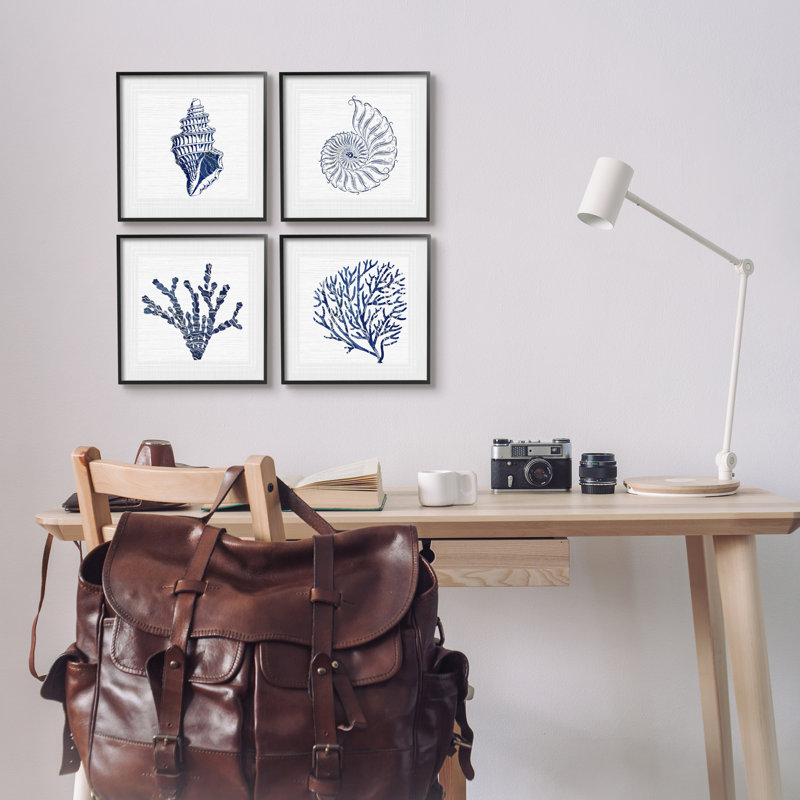 Minimal Blue Sea Life, impression sur bois 4 pièces, Giclée encadrée noir minuit, H 12 po x l 48 po x P 1,5 po