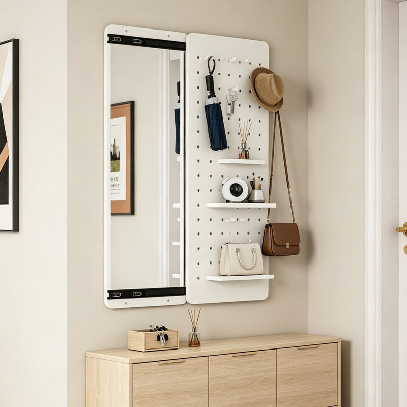 Miroir mural pleine longueur avec panneau coulissant, miroir multifonctionnel avec étagères et crochets de rangement, miroir gain de place pour chambre, entrée ou salon, blanc