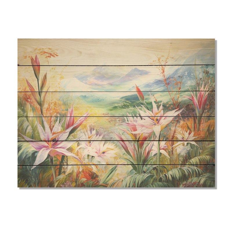 Oiseaux du paradis, fleurs, montagne I - fleurs, art mural sur bois de pin naturel, H 10 po x l 20 po