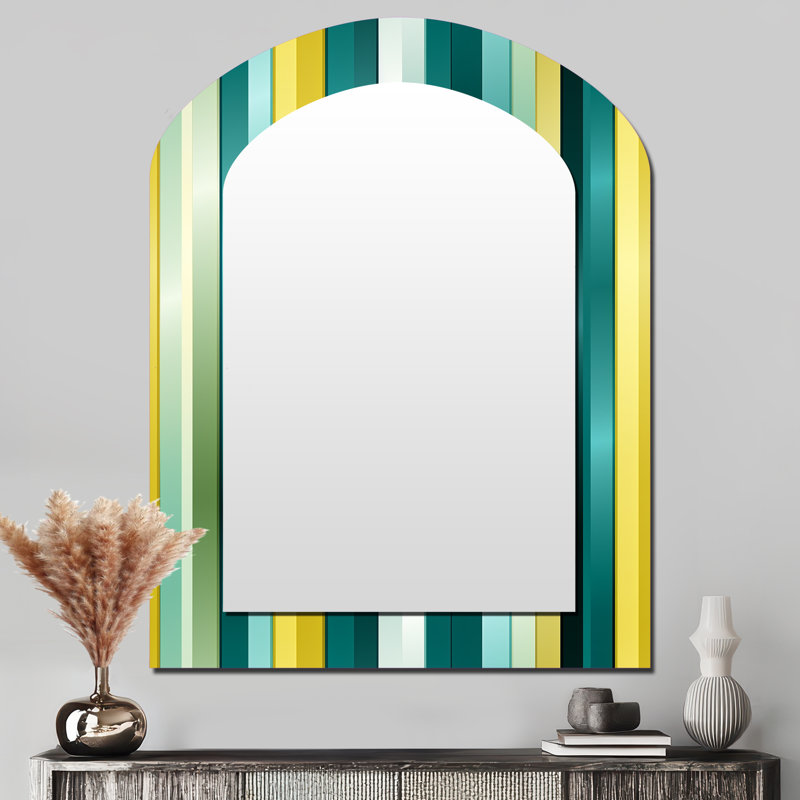 Green And Yellow Stripes Harmony - Striped Arch Decorative Mirror, Modern Asymmetrical Wall Mirror, Printed Metal Art