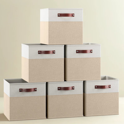 13x13 Storage Cube Bins, Foldable Collapsible Fabric Bins with Leather Handles for Cube Organizer, Shelf Basket, Set of 6, Linen-Like Material