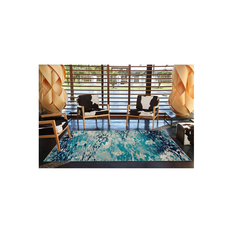 Machine Washable Aqua Colored Pixel Patterned Modern Patterned Woven Base Rug, Rectangle 4'7" x 6'7"
