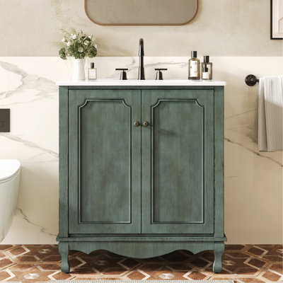Meuble-lavabo de salle de bain rétro 30 po avec lavabo rectangulaire en céramique, meuble-lavabo avec poignées antiques, meuble de rangement pour la salle de bain avec pieds en bois d'hévéa et tablettes réglables, bleu sarcelle antique (bleu-vert)