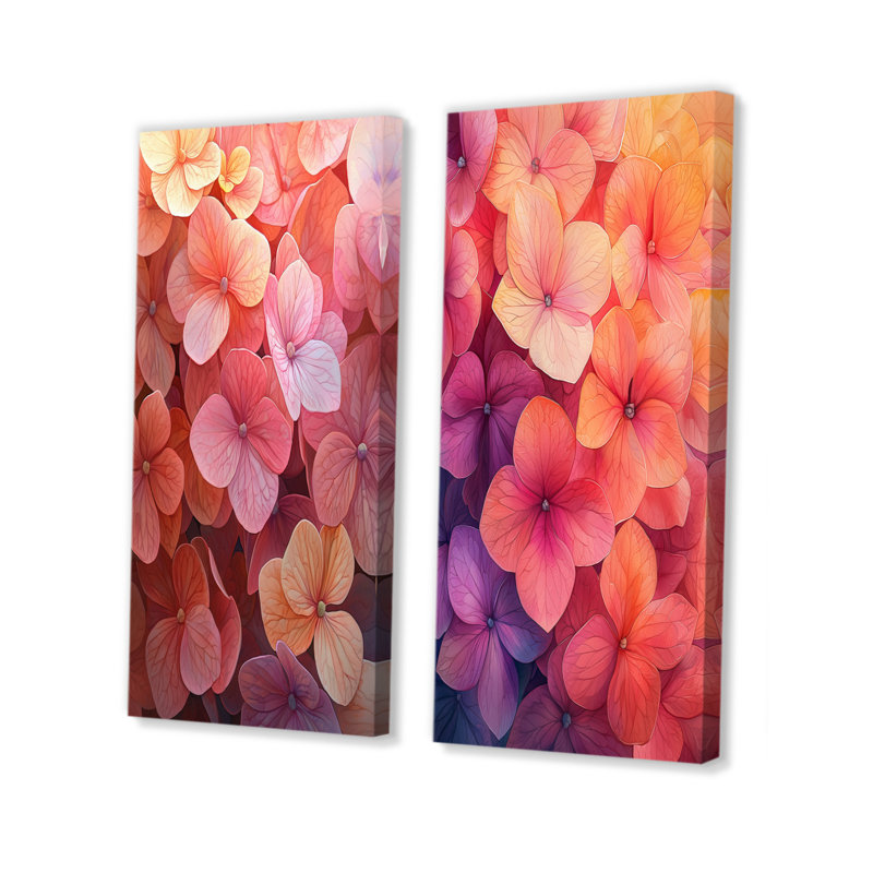 Hortensias dans la lueur du coucher du soleil I - Collection d'art mural floral 2 pièces, 28" H x 25" W, Toile tendue