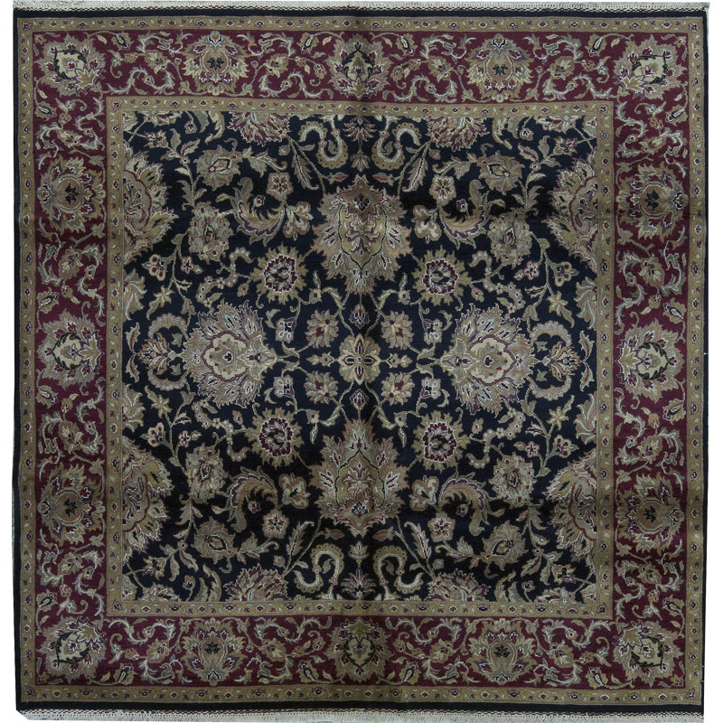 Hand-Knotted High-Quality Black and Red Square Area Rug