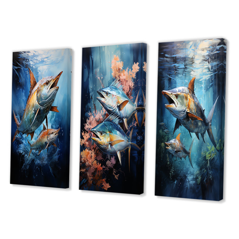 " Fishing Majestic Marlins Jumping " 3 - Pieces, Wrapped Canvas, 20" H x 36" W