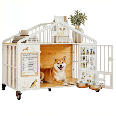Decorative Dog Crate Furniture With 5 Wheels, 41.3" Heavy Duty Dog Kennel 2 Diy Frame & Tag, Indoor Pet Cage With Rotatable Bowls For Medium Dogs