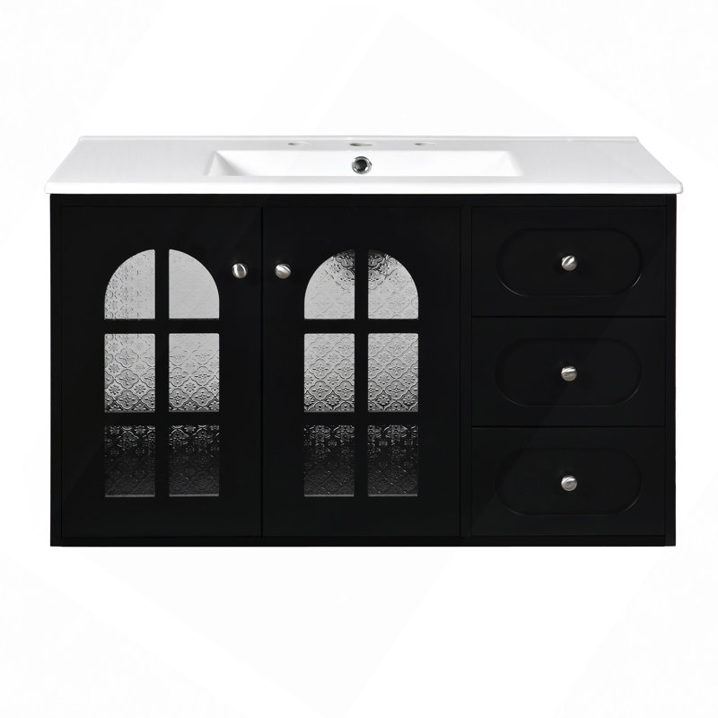 Meuble-lavabo flottant avec lavabo en céramique, armoire de salle de bain murale avec 3 tiroirs et armoire à système de fermeture en douceur
