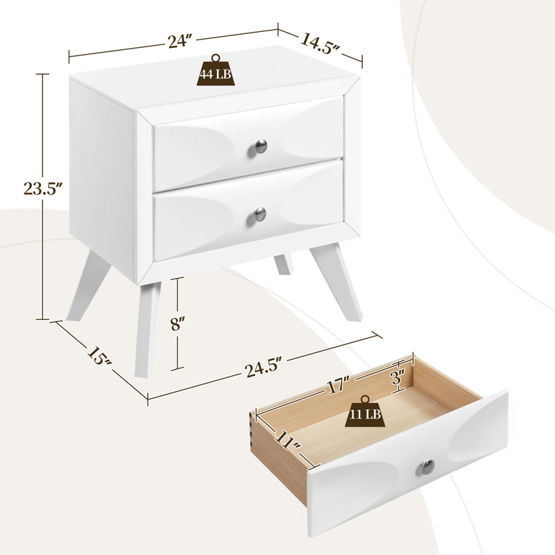 Klae Modern Vintage Solid Wood-Framed 2-Drawer Nightstand, White