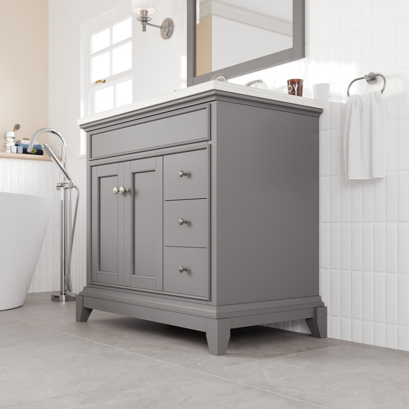 Élite Stamford 36 po Meuble-lavabo simple gris avec comptoir en quartz de Carrare et lavabo encastré en porcelaine