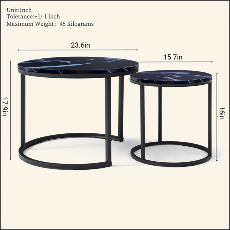 Set 2 Coffee Table Nesting Circular Round And Marble Pattern Wooden Tables, Living Room Bedroom Apartment Modern Industrial Simple Nightstand