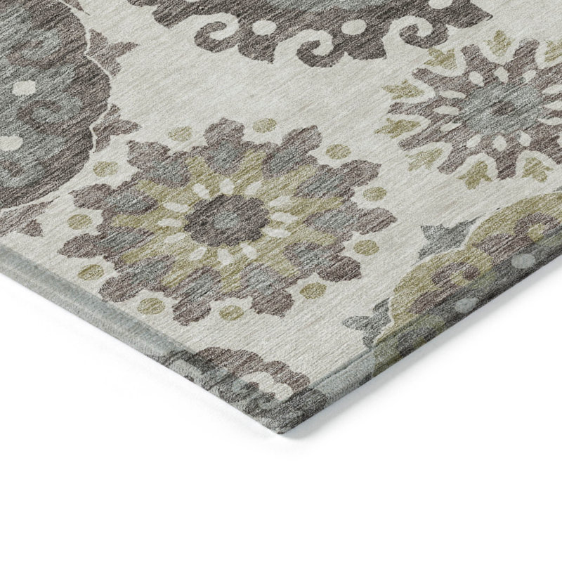 Tapis intérieur lavable 8 pi x 10 pi beige taupe et brun avec médaillon floral