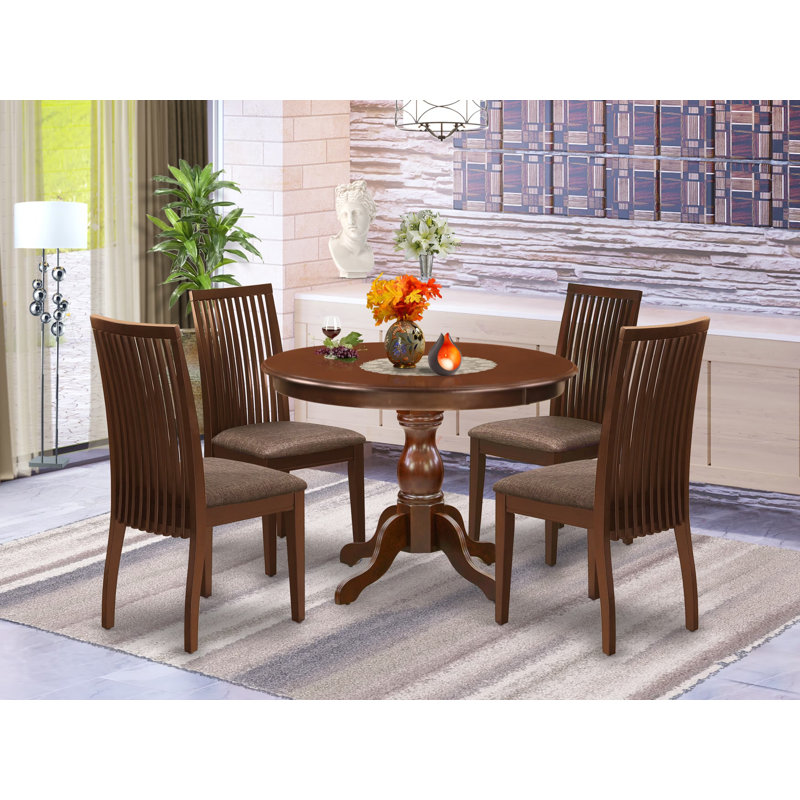 5 Piece Dinette Set for 4 Includes a Round Dining Room Table with Pedestal and 4 Linen Fabric Upholstered Dining Chairs, 42x42 Inch, Mahogany
