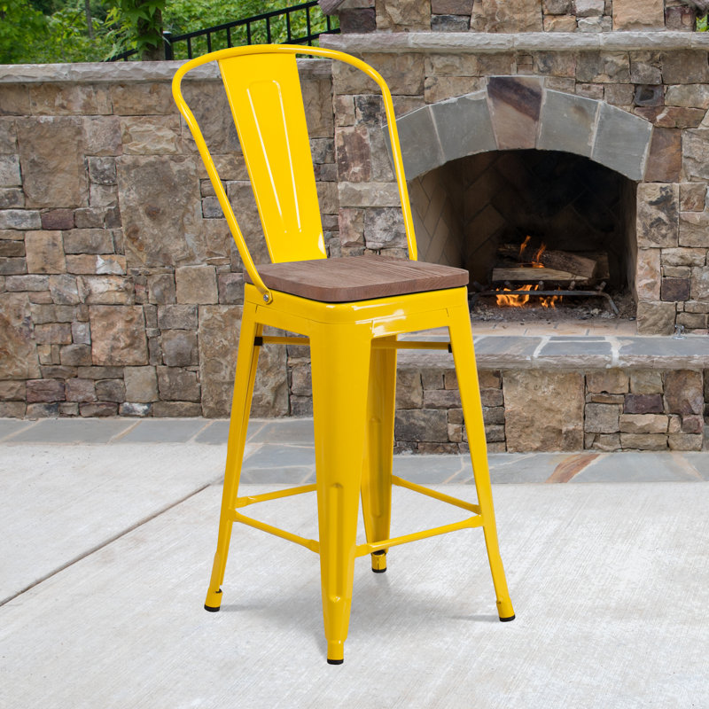 Tabouret de bar ou de comptoir en métal Marian avec dossier et siège en bois Marian, Jaune, 1
