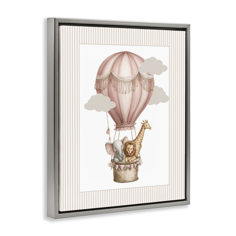 Cadre flottant rose avec montgolfières, design par Christine Simpson Art, H 31 po x l 25 po, Cadre flottant gris lustré