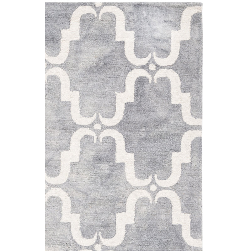 Tapis gris / ivoire en laine touffeté à la main à motif géométrique, Rectangle 2 pi x 3 pi