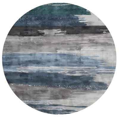 Round Washable Rug, Modern Abstract Circle Rugs, Non-Slip Thin Low-Pile Rug Navy Grey Circular Print Distressed Carpet For Bedroom Living Room Under Dining Table Home Office Decor