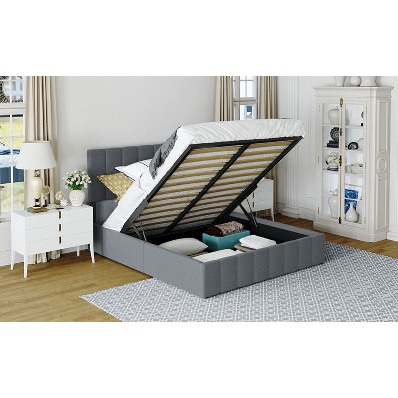 Lit plateforme tapissier avec système de rangement hydraulique - Gris, Grand lit