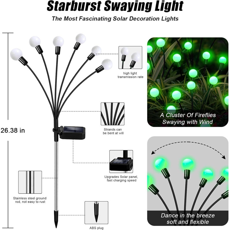 Green LED Solar Powered Outdoor Firefly Lights, 4 Pack