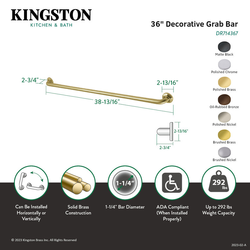 Kingston Brass Metropolitan O.D Grab Bar, Satin Brass, 2.81" H x 38.81" W x 2.75" D