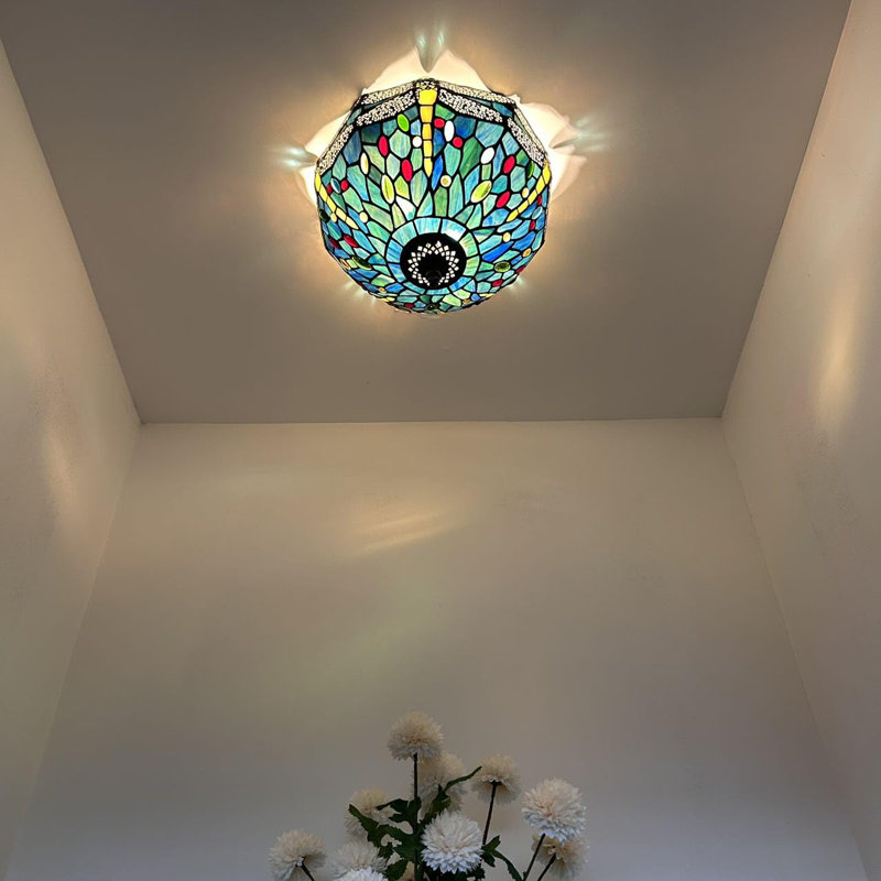 Tiffany Glass Flush Mount, Yellow/Blue