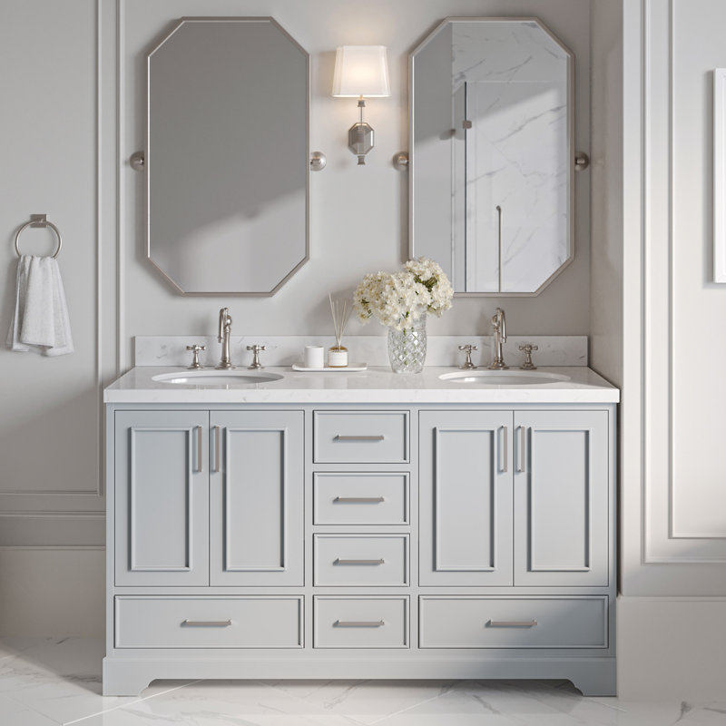 Ensemble de meuble-lavabo double 60,25 po avec plateau en quartz Abshire, Ovale, Gris