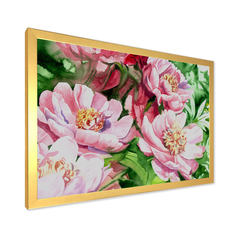 Aquarelle, pivoines roses, reproduction sur toile flottante, Cadre doré, H 12 po x l 20 po x P 1 po