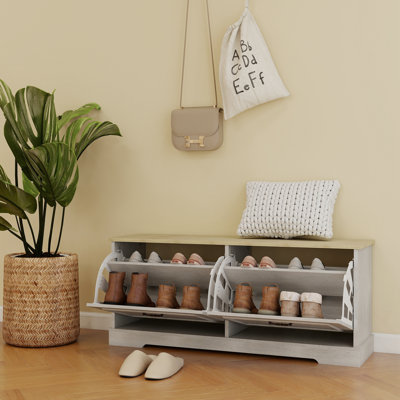 Banc de rangement pour chaussures avec 2 tiroirs rabattables et tablette réglable pour le vestibule, le couloir, la chambre à coucher - blanc antique