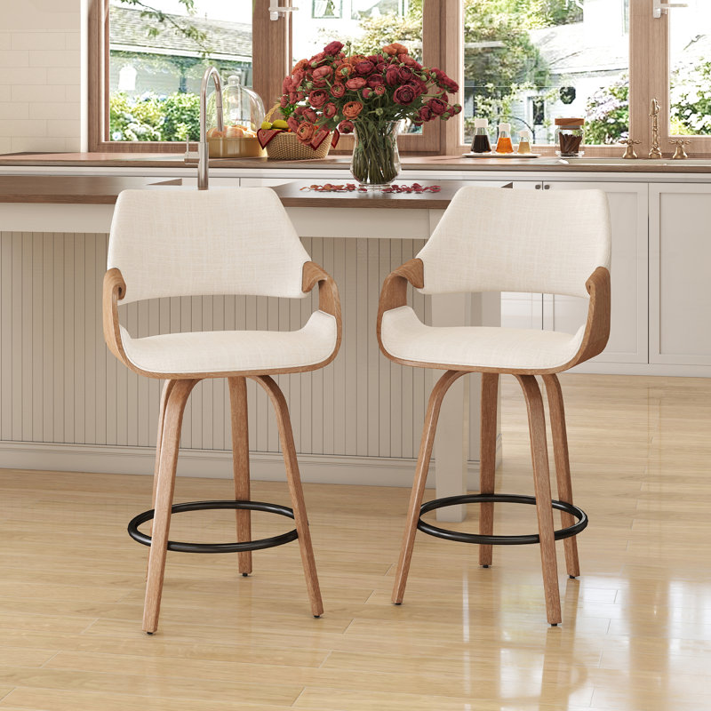 Modern Upholstered Counter Stools, 26 Inch Swivel Bar Stools With Hollow Back And Wooden Legs For Kitchen Island,Kitchen Bar Height Stools